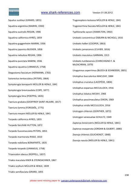 Host - Parasites List (version: 01.08.2012) - Shark-References