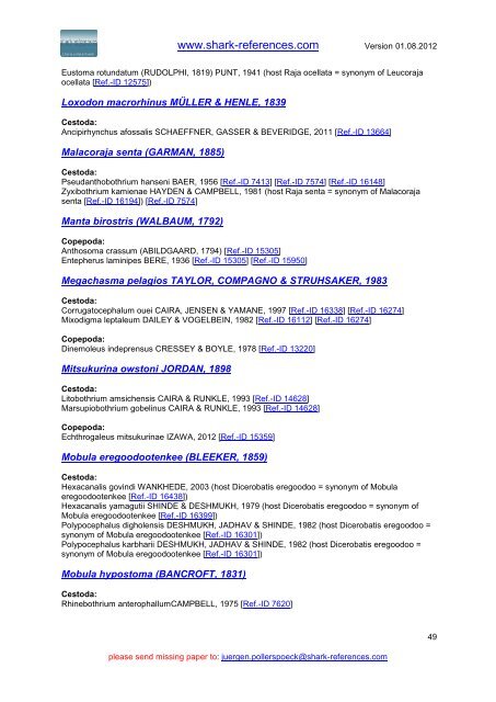 Host - Parasites List (version: 01.08.2012) - Shark-References