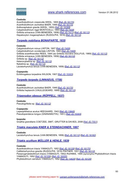 Host - Parasites List (version: 01.08.2012) - Shark-References