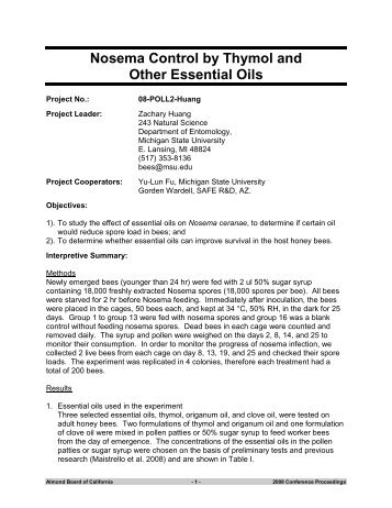 Nosema Control by Thymol and Other Essential Oils - Almond Board ...