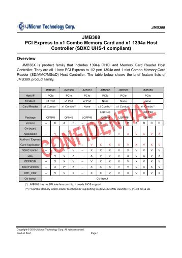 JMB388 PCI Express to x1 Combo Memory Card and x1 1394a Host ...