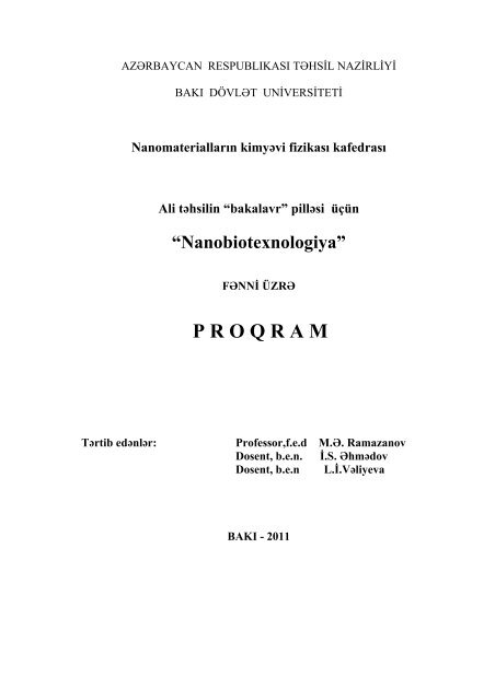 âNanobiotexnologiyaâ fÉnninin proqramÄ± - BakÄ± DÃ¶vlÉt Universiteti