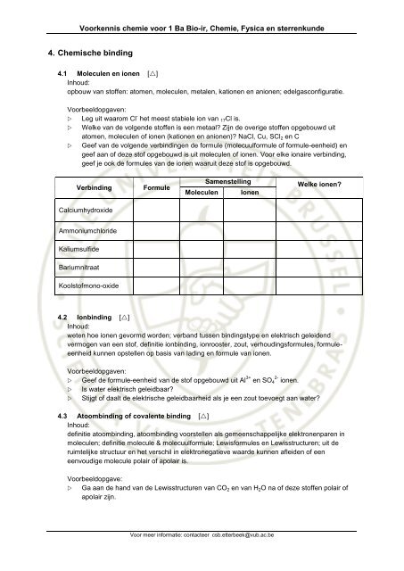 Voorkennis chemie voor 1 Ba Bio-ir, Chemie, Fysica en sterrenkunde