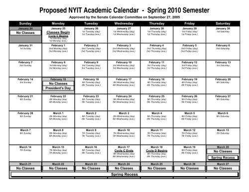 Nyit Fall 2022 Calendar Proposed Nyit Academic Calendar - Spring 2010 Semester