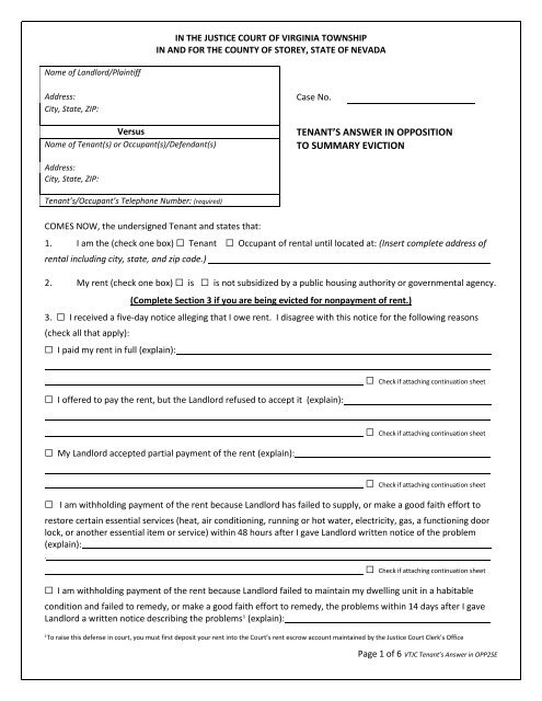 Tenant S Answer In Opposition To Summary Eviction Storey County