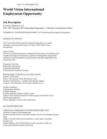 World Vision International Employment Opportunity Job Description