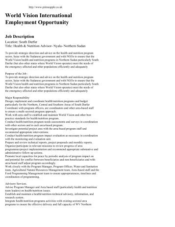 World Vision International Employment Opportunity Job Description