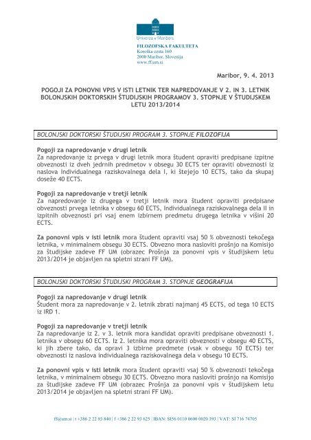 Pogoji za napredovanje v viÅ¡ji letnik za vpis v Å¡tudijsko leto 2013/2014