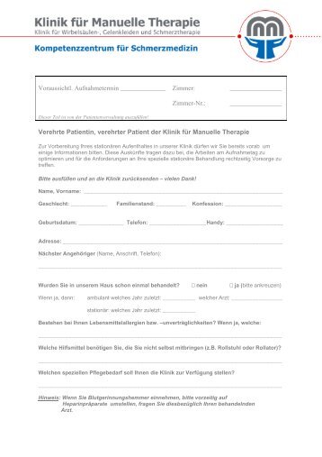 Aufnahmeformular - Klinik fÃ¼r Manuelle Therapie