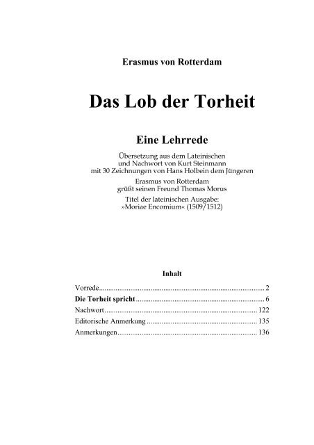 erasmus von rotterdam das lob der torheit auf den seiten von