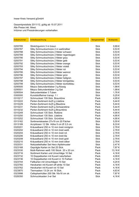 Gesamtpreisliste 2011/12 - Irseer Kreis Versand gGmbH