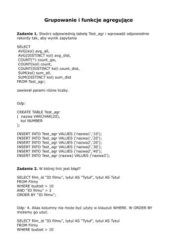 Grupowanie, złączenia i podzapytania - Wydział Matematyki i ...