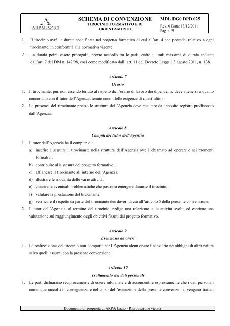 MDL DG0 DPD 025 Schema di convenzione tirocinio - ARPA Lazio