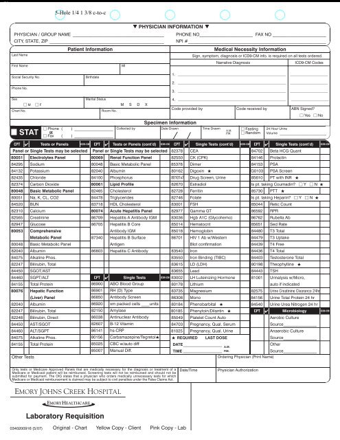 Lab Order Form - Emory Johns Creek Hospital