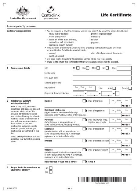 Life Certificate form - Department of Human Services