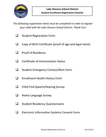 Student Registration Form Copy of Birth Certificate - Lake Stevens ...