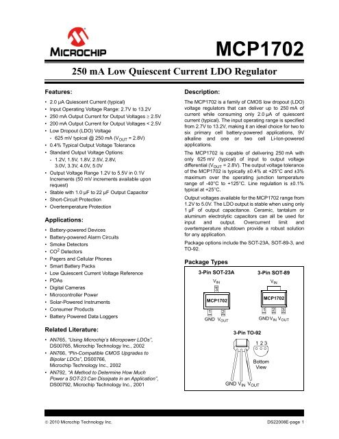 MCP1702 250 mA Low Quiescent Current LDO Regulator - Microchip