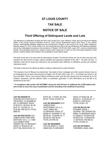 ST LOUIS COUNTY TAX SALE NOTICE OF SALE Third Offering of ...