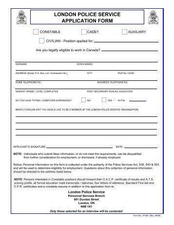 LONDON POLICE SERVICE APPLICATION FORM