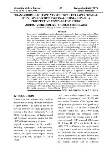 TRANSABDOMINAL (TAPP) VERSUS TOTAL EXTRAPERITONEAL ...