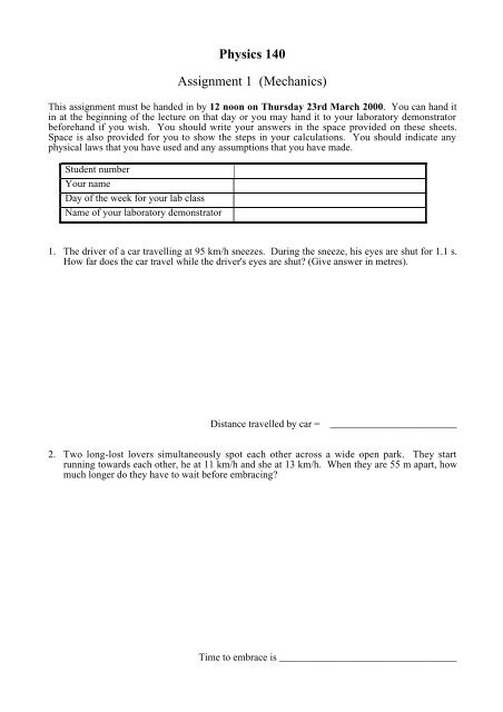 Physics 140 Assignment 1 (Mechanics) - uwa biophysics