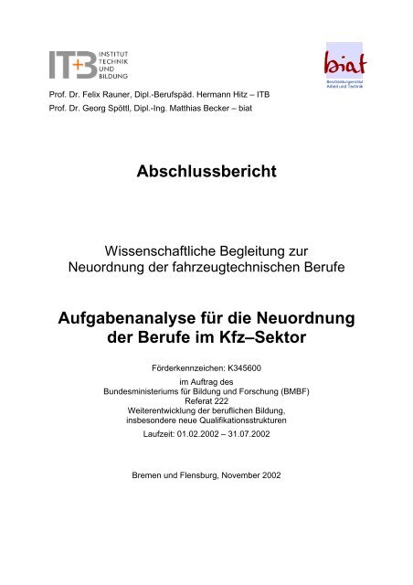 Abschlussbericht Aufgabenanalyse für die Neuordnung der Berufe im