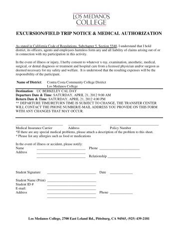 excursion/field trip notice & medical authorization - Los Medanos ...