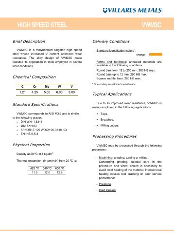 HIGH SPEED STEEL VWM3C - Villares Metals