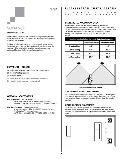 Installationinstructi Ons Introduction Parts List C201sq Sonance