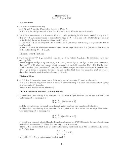 Homework 2 Due: 5th March, 2012 Flat modules 1. Let R be a ...