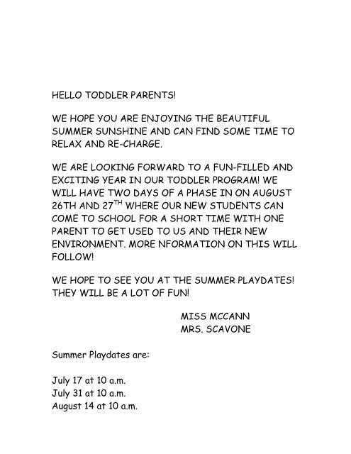 Toddler welcome letter - Wyoming Seminary