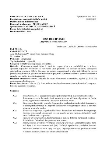 Algoritmi in teoria numerelor - Departamentul de Matematică