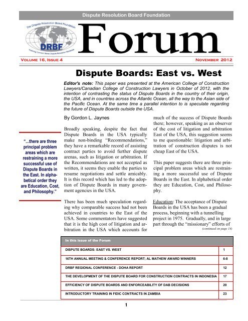 Dispute Boards: East vs. West - Dispute Resolution Board Foundation