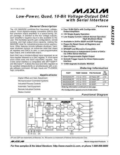 MAX5250 Low-Power, Quad, 10-Bit Voltage-Output DAC ... - Glacier