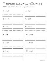 TREASURES Spelling Words- Unit 5, Week 2 1. cart 7. her 2. barn 8 ...
