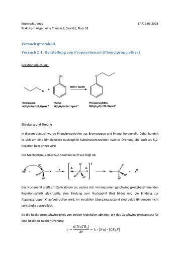 Versuchsprotokoll Versuch 2.1: Herstellung von Propoxybenzol ...