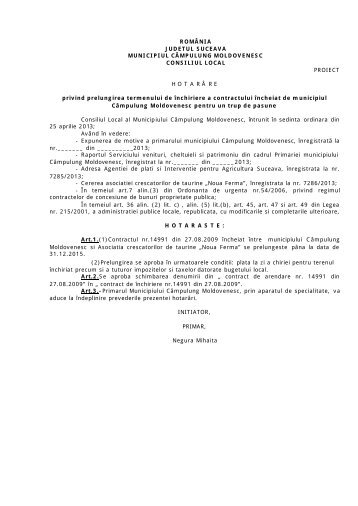 Proiect de hotÃ„ÂƒrÃƒÂ¢re cu privire la prelungirea termenului de inchiriere ...