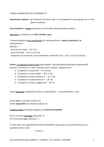 Corso elementare sulla probabilitÃ  - F. Cardarelli ... - Bruno de Finetti