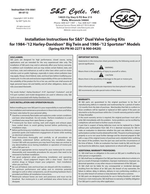 Installation Instructions for S&SÂ® Dual Valve Spring Kits ... - S&S Cycle