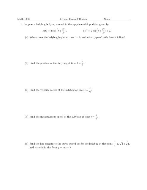 Math 1300 4 8 And Exam 3 Review Name 1 Suppose A Ladybug Is