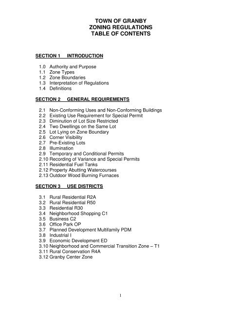 TOWN OF GRANBY ZONING REGULATIONS TABLE OF CONTENTS