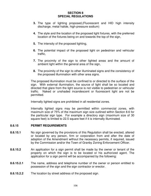 TOWN OF GRANBY ZONING REGULATIONS TABLE OF CONTENTS