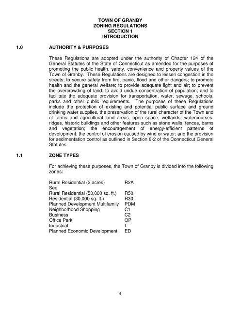 TOWN OF GRANBY ZONING REGULATIONS TABLE OF CONTENTS