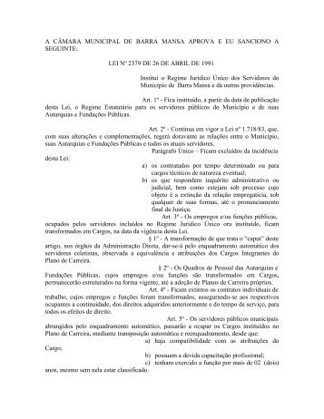 Lei nÃ‚Âº 2379, de 26 de abril de 1991 - Prefeitura Municipal de Barra ...