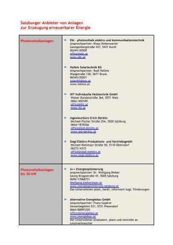 Salzburger Anbieter von Anlagen zur Erzeugung erneuerbarer ...