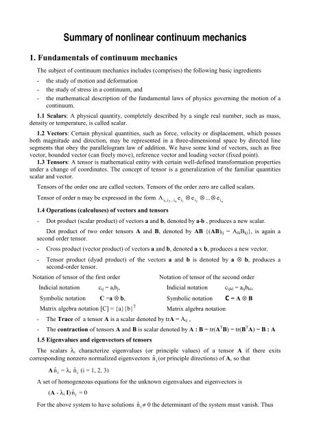 Summary of nonlinear continuum mechanics