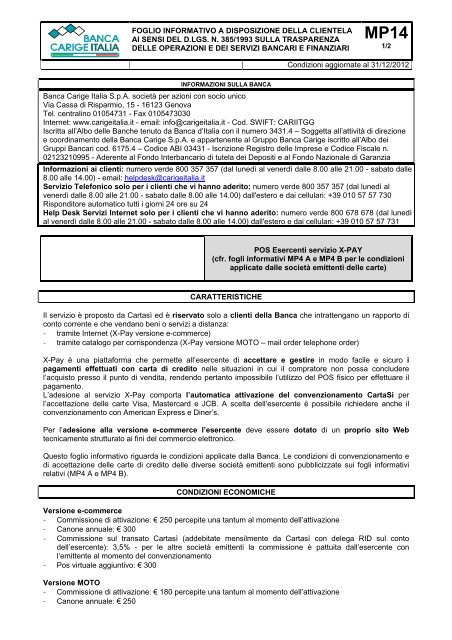 Pos Esercenti Servizio X Pay Gruppo Banca Carige