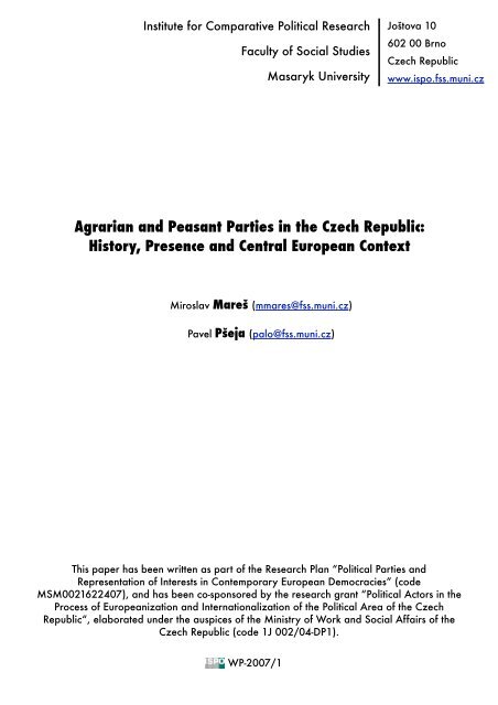 Agrarian and Peasant Parties in the Czech Republic - Masarykova ...