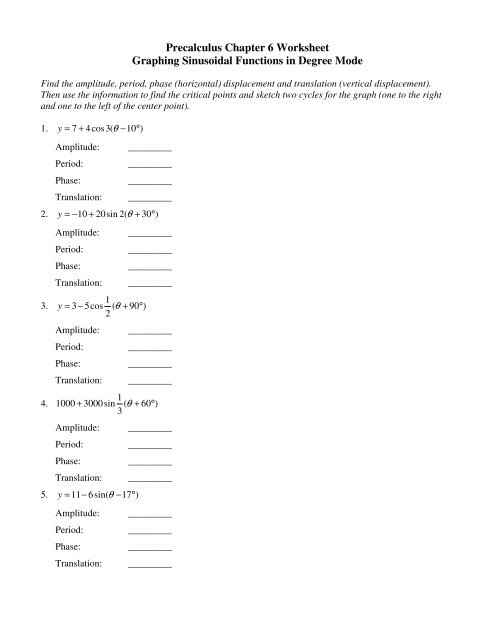 Precalculus Chapter 6 Worksheet Graphing Sinusoidal Functions in ...