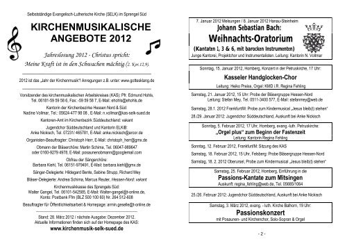 KIRCHENMUSIKALISCHE ANGEBOTE 2012 Weihnachts-Oratorium